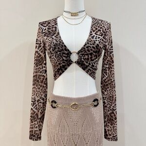 Leopard Print Mesh Crop Top Long Sleeve Gold Ring Indie Sleaze Boho Festival M/L